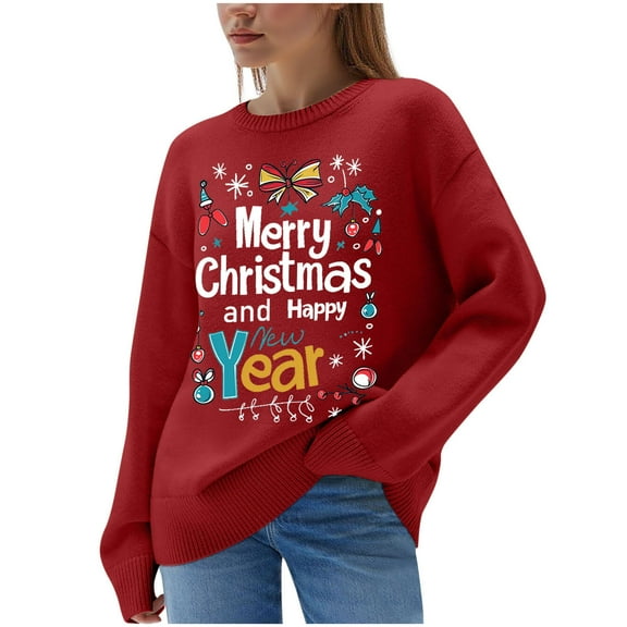 Christmas Oversized Sweaters Womens Funny Holiday Plus Size Ladies Sweater Casual Xmas Graphic Knit Pullover Tops Red, 3XL