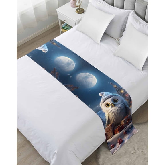 Christmas Owl Bed Runner for Twin Size Bed, Xmas Tree Blue Christmas Balls Bedspread Protector Slipcover Bed Scarf for Foot Bed Runners & Scarves for Bedroom Hotel Wedding Room 71x20 Inches