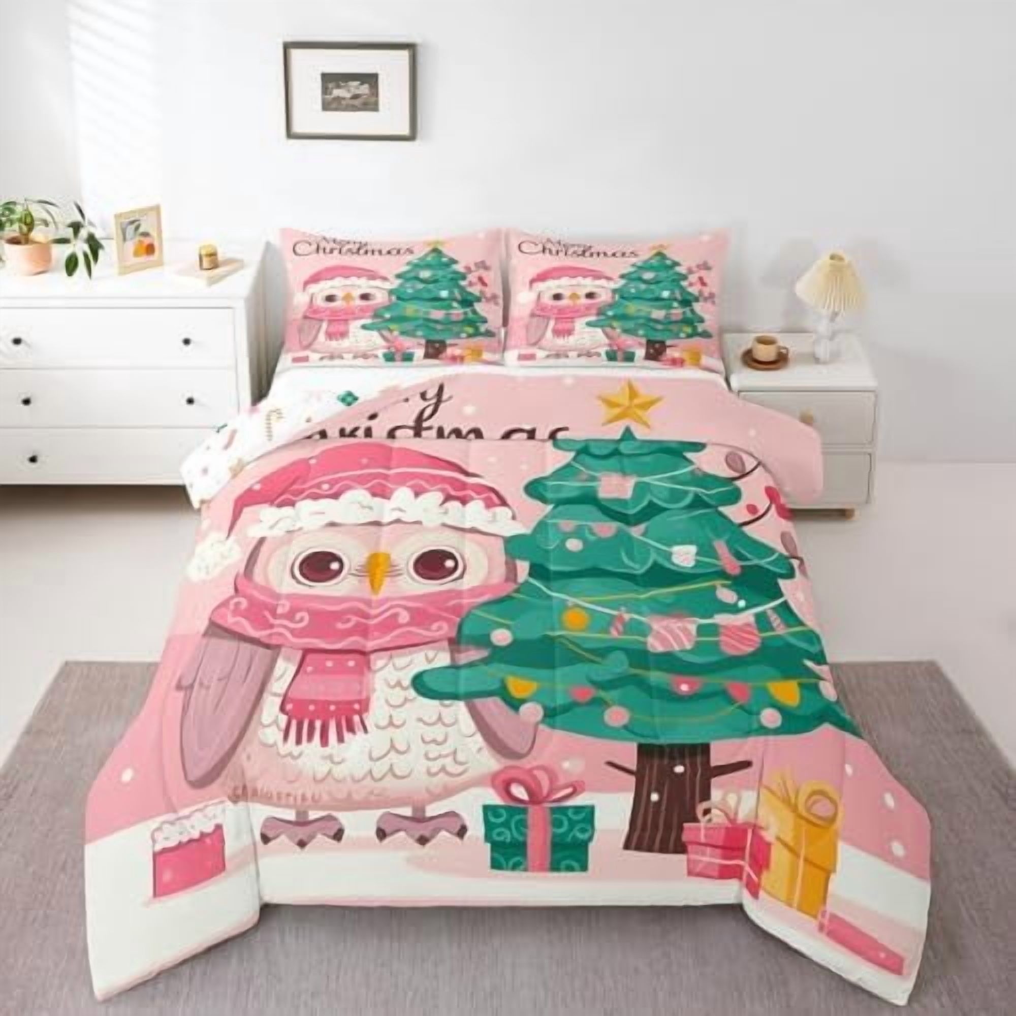 Christmas Owl Bedding Set Queen Size,Cute Cartoon Animal Comforter Set ...