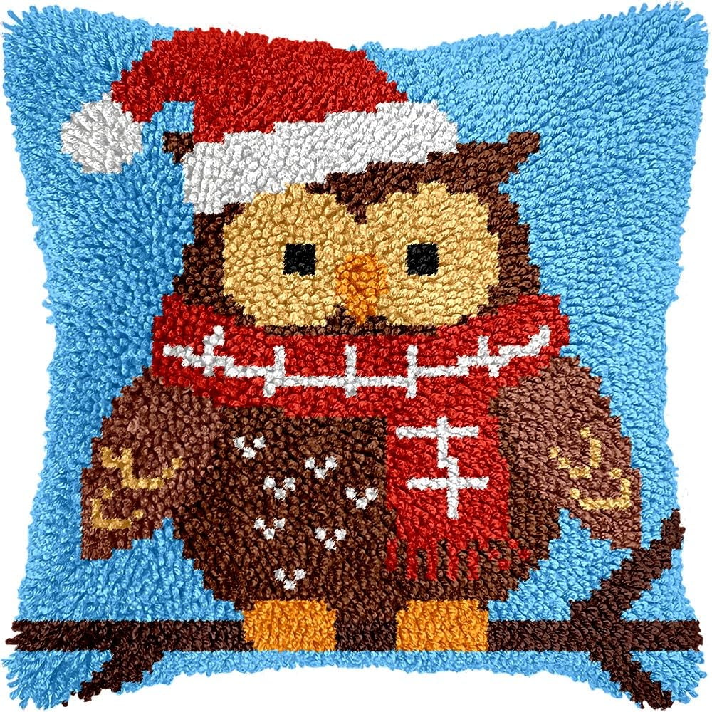 Christmas Owl Bird Latch Hook Pillow Cover Kits for DIY Handmade Throw Pillow Cross Stitch Latch Hooking Pillowcase Kits with Preprinted Color Pattern Canvas Crochet Yarn Kits 17''X 17''(8-82)