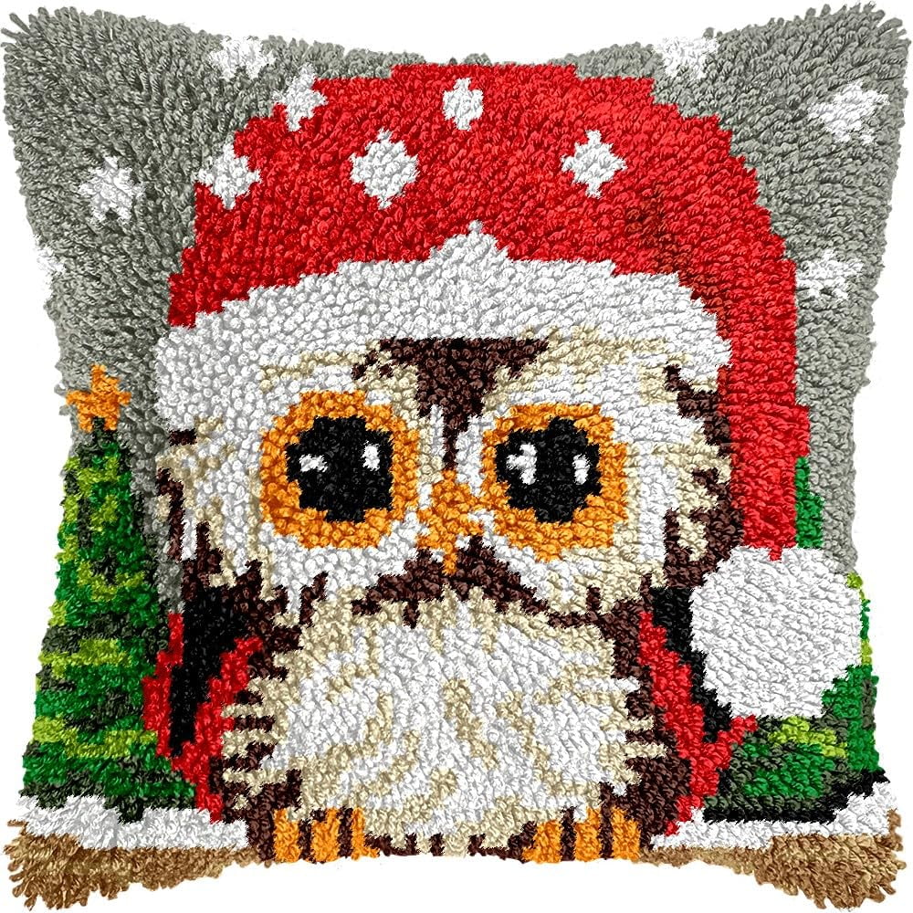 Christmas Owl Bird Latch Hook Pillow Kits for DIY Handmade Throw Pillow Cushion Embroidery Latch Hooking Pillowcase Kits with Preprinted Canvas Crochet Yarn Kits 17''X 17''(g77)