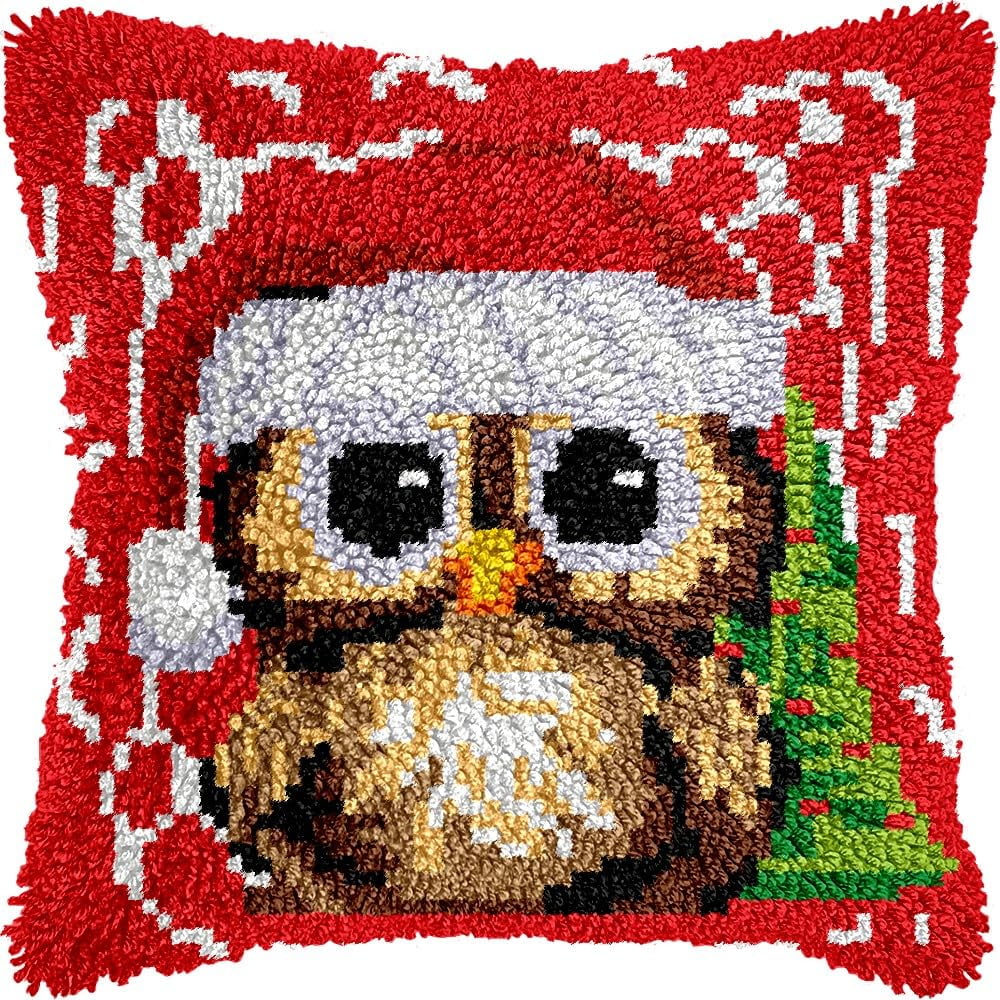 Christmas Owl Bird Latch Hook Pillow Kits Pillow Cover Latch Hook Crafts Crochet Knitted Hooking Pillowcase Cushion Crafts Embroidery Latch Hooking Kits Material Set 17x17 inch(135)