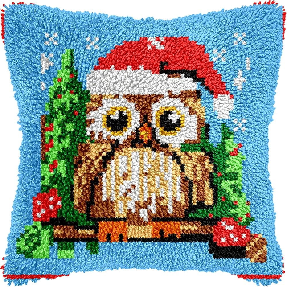 Christmas Owl Bird Latch Hook Pillow Kits Pillow Cover Latch Hook Crafts Crochet Knitted Hooking Pillowcase Cushion Crafts Embroidery Latch Hooking Kits Material Set 17x17 inch(134)