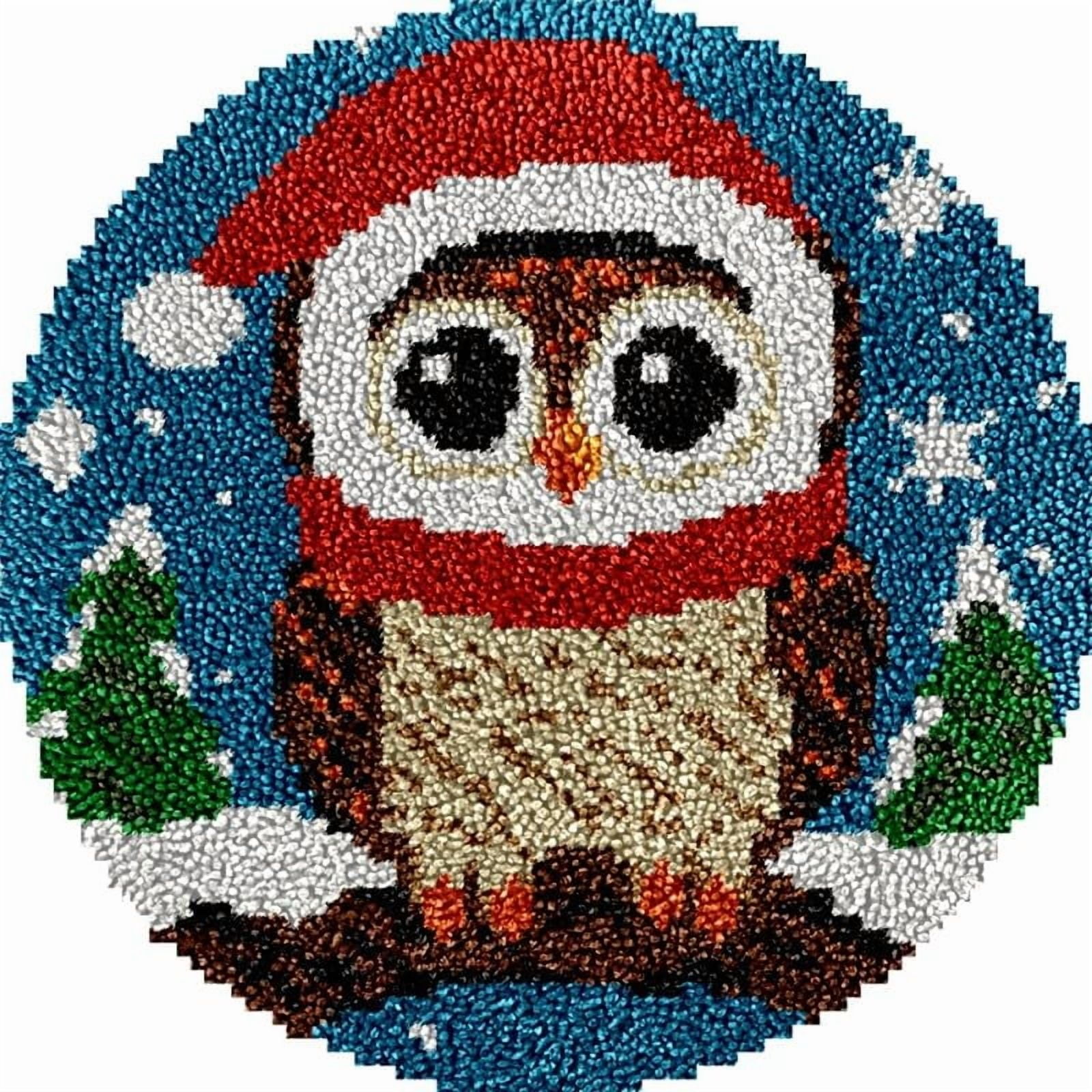 Christmas Owl Bird Round Shape Latch Hook Rug Kits Set for Starter Crochet Hook Cushion Mat Sofa Seat Cushion Crocheting Kits with Preprinted Canvas Crochet Yarn Kits 50X50cm (ui116)