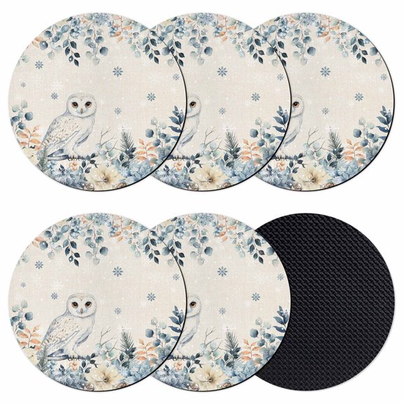 Christmas Owl Coasters Set of 6, Absorbent Coasters for Drinks, Eucalyptus Leaves Winter Poinsettia Snowflake Coaster for Desk Coffee Table Protection, Home Decor House Warming Gifts 4"