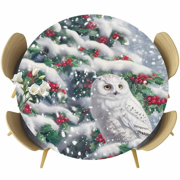 Christmas Owl Fitted Tablecloth with Elastic Edged, Round Table Cloth for Dining Table, Xmas Berry Botanical Snowflake Waterproof Oil Proof Table Cover for Indoor Outdoor 36"-44"