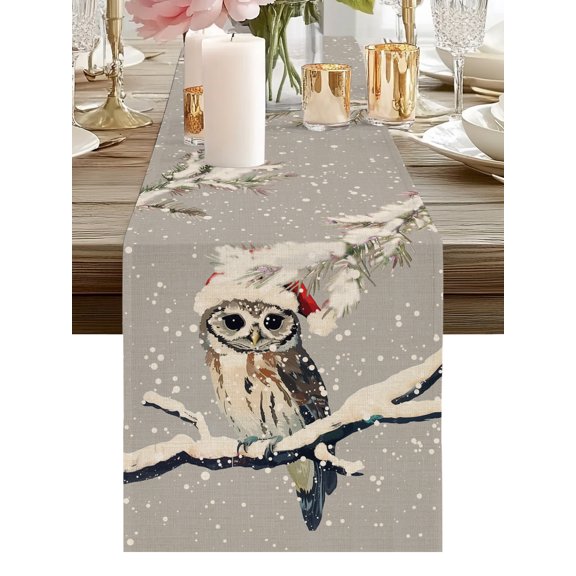 Christmas Owl Grey Table Runners 48 Inches Long Winter Snowflake Snowy Pine Tree Kitchen Dining Table Runner Dresser Scarves for Party Coffee Holiday Party Decor