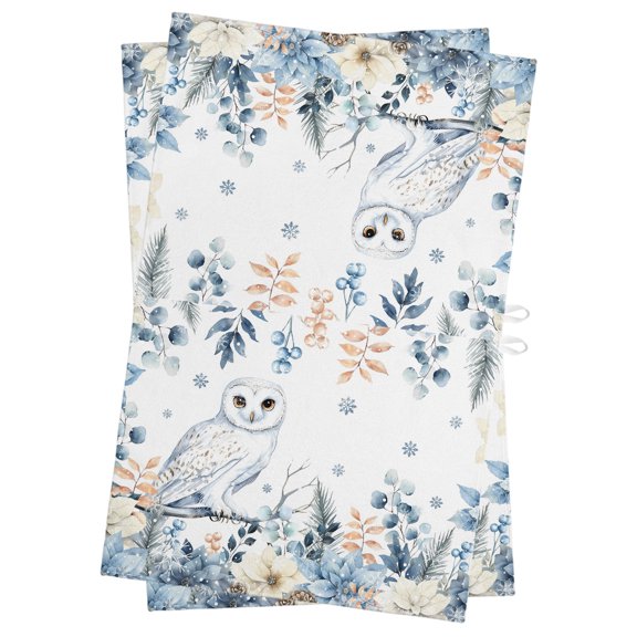 Christmas Owl Kitchen Towels Dish Towel Pack of 2 Blue Eucalyptus Leaves Floral Winter Soft Dish Cloth Set Absorbent Dishcloth for Drying Dishes, Hand Towels 18 x 28 Inches