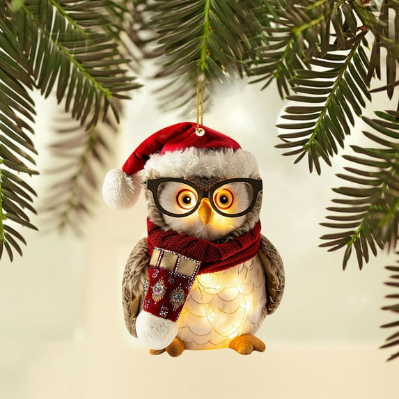 Christmas Owl Ornaments - Cute Hanging Owl with Glasses Pendant for Xmas Tree Decorations, Holiday Home Indoor Outdoor Party Decor and New Year Celebration