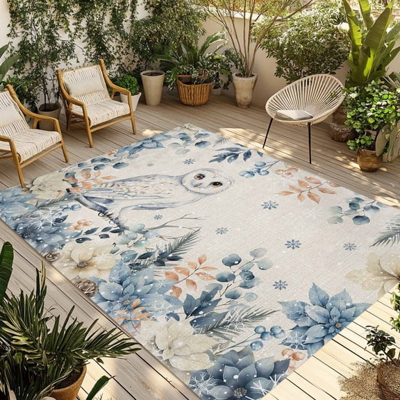 Christmas Owl Outdoor Rug 4x6 Ft - Reversible Patio Rug Outdoor Camping Rugs, Eucalyptus Leaves Winter Poinsettia Snowflake Indoor Outdoor Area Rugs, Non-Slip Outdoor Carpet Runner for Deck/Porch