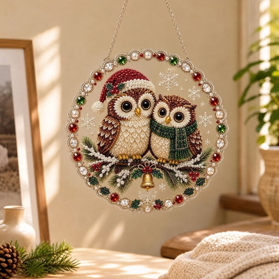 Christmas Owl Pearl Diamond Art Suncatcher Kit,Diy Rhinestone Adiy Rhinestone Painting Beginner Craft,Xmas Hanging Ornament for Wall Tree Window