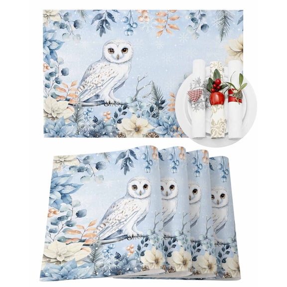 Christmas Owl Placemats Set of 8 Blue Eucalyptus Leaves Floral Winter Gradient Heat Insulation Washable Place Mats, Rustic Non-Slip Table Mats for Dining Table Party Kitchen Decor,13x19 Inch