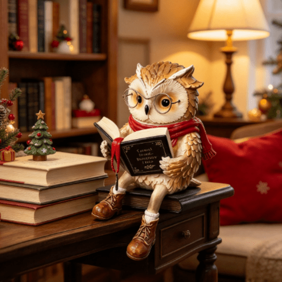 Christmas Owl Reading Figurine Decorative Tabletop Statue Resin Book Lover Accent with Scarf Glasses Book and Boots for Shelf _##D