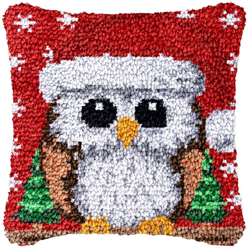 Christmas Owl Red Latch Hook Pillow Cover Kits for Needlework Cushion Throw Pillow Cross Stitch Crochet Hook Pillowcase Rug Kits Printed Canvas Crochet Yarn Kits Needlework 17'' X 17''