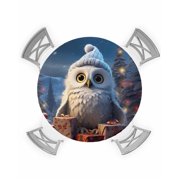 Christmas Owl Table Cloth, Round Fitted Tablecloths with Elastic Edge, Xmas Tree Blue Christmas Balls Wipeable Waterproof Table Cover for Kitchen Wedding 36-44 Inches