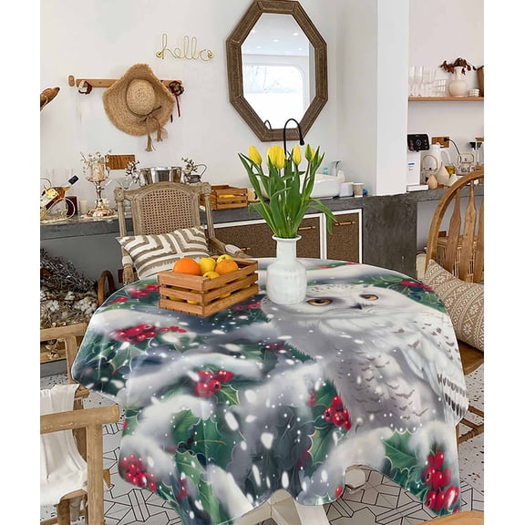 Christmas Owl Tablecloth Square Table Cloth 54x54, Waterproof Tablecloth Outdoor Table Cloth, Xmas Berry Botanical Snowflake Washable Table Cover for Kitchen Dining Party