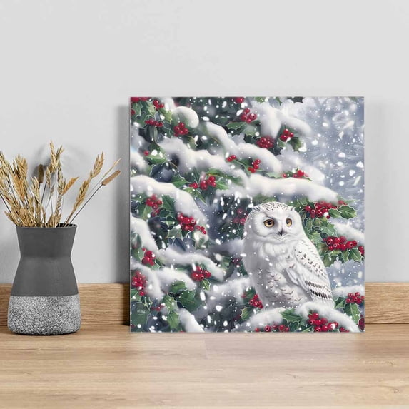 Christmas Owl Wall Art Painting on Canvas, Xmas Berry Botanical Snowflake Canvas Art Home Prints Wall Art Framed Modern Artwork for Living Room Bedroom Wall Decor 12x12in