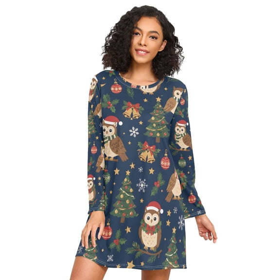 Christmas Owls Nightgowns for Women Soft Sleepwear Long Sleeves Ladies Sleepshirt Nightdress