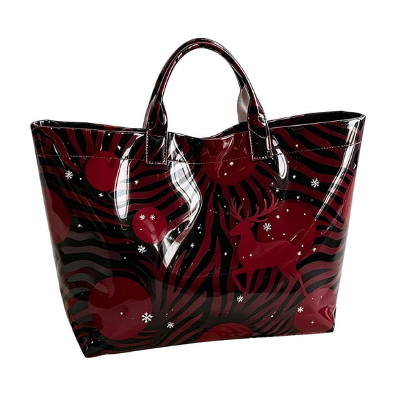 Christmas PVC Tote Bag, Large Waterproof Printed Reusable Shoulder Handbag for Gifts, Groceries, Travel, Holiday Shopping and Carrying
