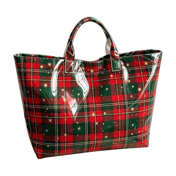 Christmas PVC Tote Bag, Large Waterproof Printed Reusable Shoulder Handbag for Gifts, Groceries, Travel, Holiday Shopping and Carrying