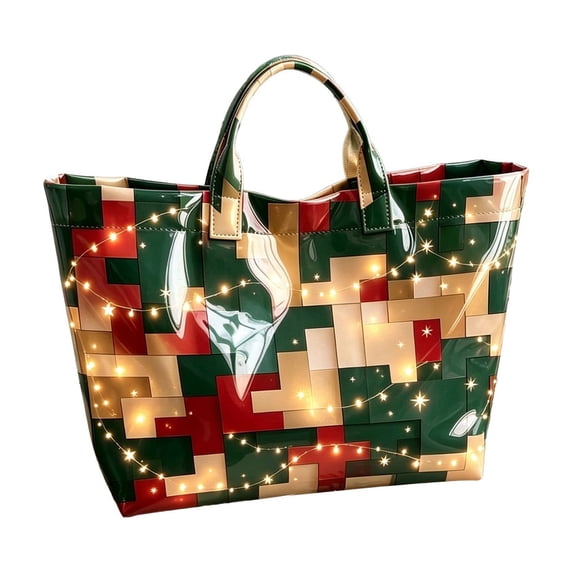Christmas PVC Tote Bag, Large Waterproof Printed Reusable Shoulder Handbag for Gifts, Groceries, Travel, Holiday Shopping and Carrying