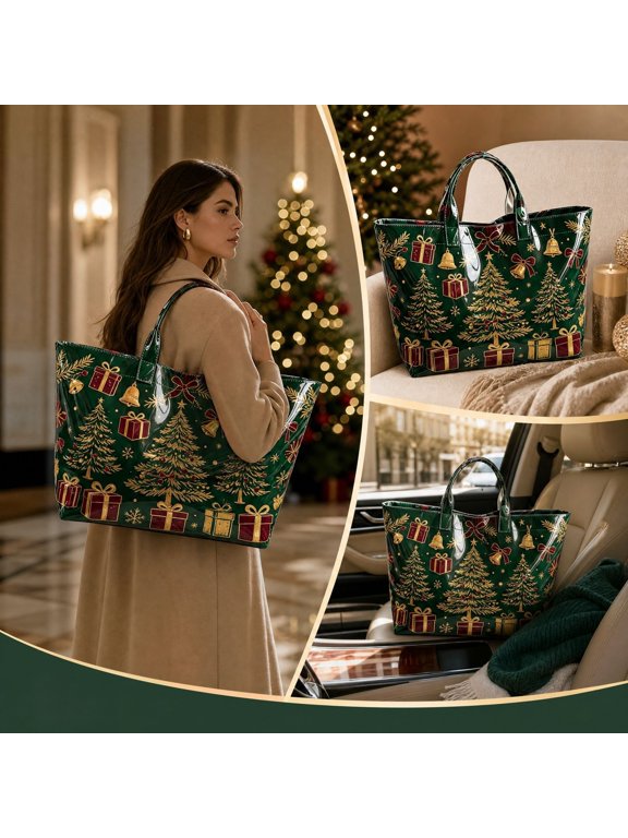 Christmas PVC Tote Bag, Reusable Shopping Carryall that Wipes Clean, Holds Gifts and Groceries, and Folds Flat between Weekly Shopping Trips
