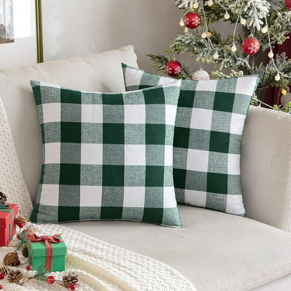 Christmas Pack of 2 Buffalo Check Plaids Throw Pillow Covers Classic Retro Linen Farmhouse Cushion Case Soft Square Pillowcases for Home Decor Sofa Bedroom Couch 18 x18 Inch Green and White