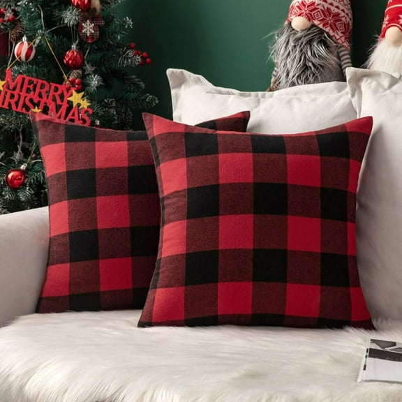 Christmas Pack of 2 Buffalo Check Plaids Throw Pillow Covers, Classic Retro Linen Farmhouse Cushion Case, Soft Square Pillowcases for Home Decor Sofa Bedroom Couch 18 x 18 Inch