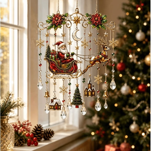Christmas Painted Wind Chime, Detailed Hand‑Painted Hanging Ornament, Xmas Holiday Wind Chime, Indoor Outdoor Home Accent, Winter Festival Decoration Gift (Santa Wind)