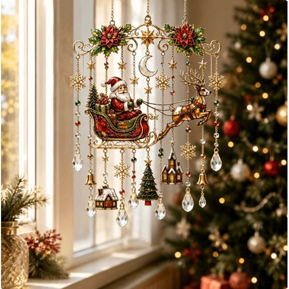 Christmas Painted Wind Chime, Light‑catching Hanging Ornament, Colorful Xmas Tree & Wall Decoration, Seasonal Holiday Home Decor for Winter Gifting (Santa Wind)