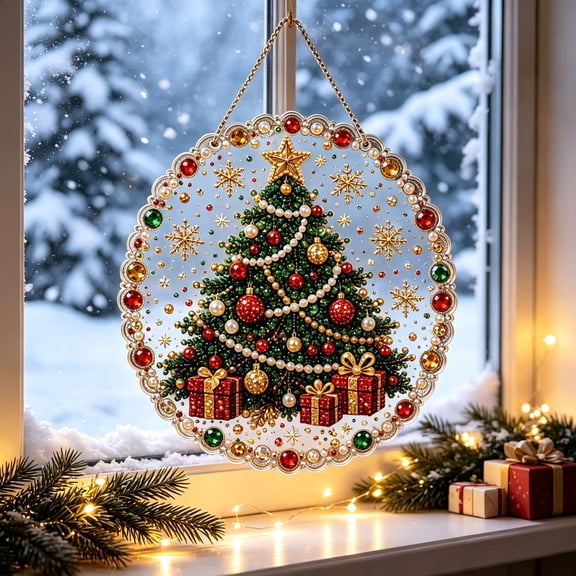 Christmas Painting Suncatcher Kit, Holiday Tree Pendant Craft Decoration Pearl Painting Kits for Adults, Sparkling Handmade Xmas Window Wall Decor