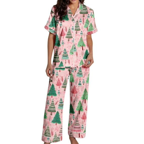 Christmas Pajama For Women Women Christmas Tree Pjs Sets Pajama Short Sleeve Button Down Top Pants Satin Cute Christmas Pjs Pink XXL