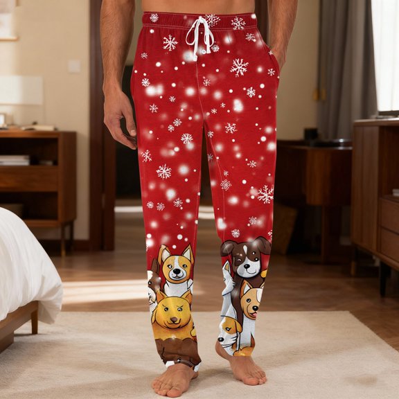 Onlypants Christmas Pajama Pants, Mens Pajama Pants Casual Drawstring Elastic Waist Pants with Pet Print, Loose Lounge Sleepwear Leisure PJs Pants, Xmas Gifts for Men & Pet Lover, Style D, Size S