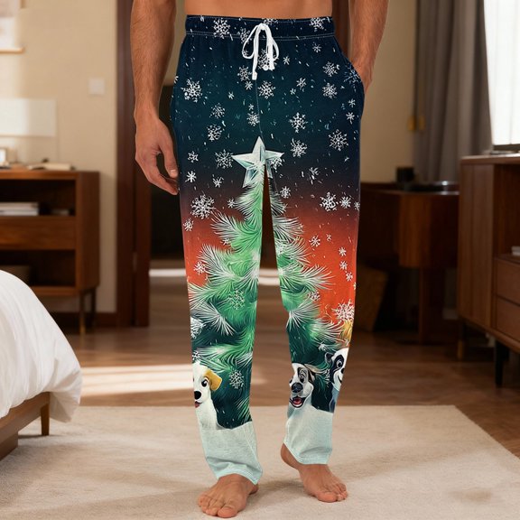 Onlypants Christmas Pajama Pants, Mens Pajama Pants Casual Drawstring Elastic Waist Pants with Pet Print, Loose Lounge Sleepwear Leisure PJs Pants, Xmas Gifts for Men & Pet Lover, Style G, Size S