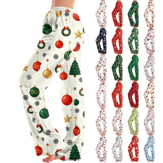 Christmas Pajama Pants Women Baggy Xmas Print Pj Lounge Bottoms Wide Leg Pajamas Warm Fall Winter Sleep Loungewear