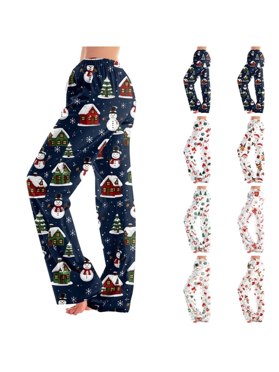 Christmas Pajama Pants for Women Comfy Baggy Pjs Loungewear Pant, Elastic Waist Cute Cartoon Xmas Print, Long Sleepwear Home Loungewear for Home Relaxation