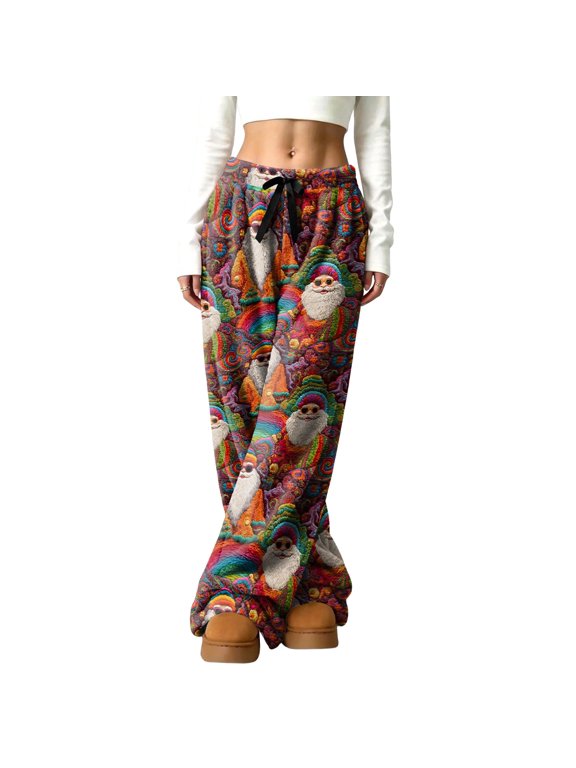 Christmas Pajama Pants Women Drawstring Christmas Funny Graphics Sleepwear Pants Fall Fashion Warm Flannel Plaid Pajamas Xmas Holiday Wide Leg Lounge Pants Bottoms with Pockets