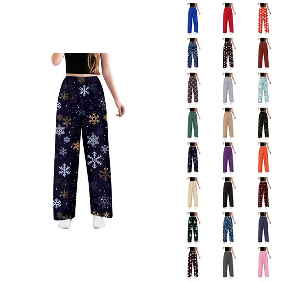 Christmas Pajama Pants Women Elastic Waist Loose Casual Festive Print Flannel Lounge Pants Christmas Pj Bottoms
