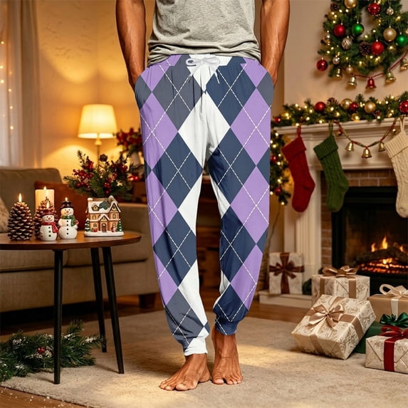 Christmas Pajama Pants for Men Plaid Jogger Drawstring Xmas Loungewear Elastic High Waist Casual Loose Sleep Pants, L
