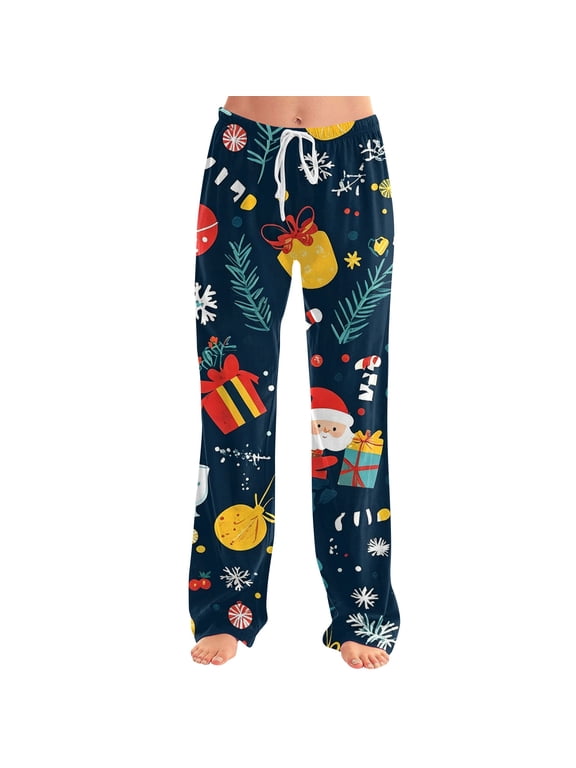 Christmas Pajama Pants for Women, Santa Gift Snowflake Print, Drawstring Straight Leg Lounge Sleep Pants