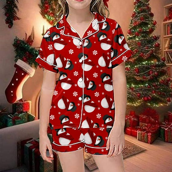 Christmas Pajama Set Cartoon Satin Pajamas Girls Short Sleeve Button-Down Top Shorts Set Kids 4T Girls Pajamas