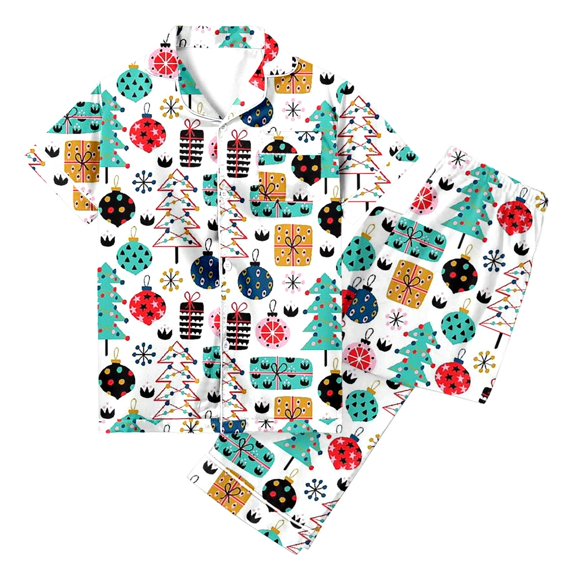 Christmas Pajama Set Silk Satin Soft Sleepwear Outfits Short Sleeve Button Down Pajama with Pants Christmas Pajama Sets