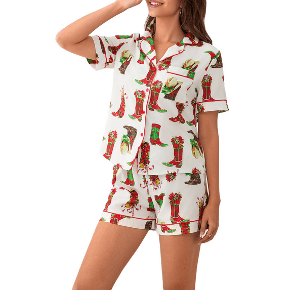 Christmas Pajama Set for Women Short Sleeve Tops + Elastic Waist Shorts Pjs Loungewear Set Holiday Sleepwear