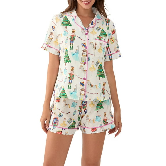 Christmas Pajama Set for Women Short Sleeve Tops + Elastic Waist Shorts Pjs Loungewear Set Holiday Sleepwear