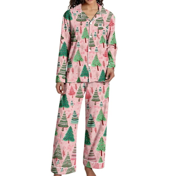 Christmas Pajamas 100% Cotton Womens Pajamas Set 2 Piece Soft Button-Down Xmas PJs Set Sleepwear Loungewear S-XXL