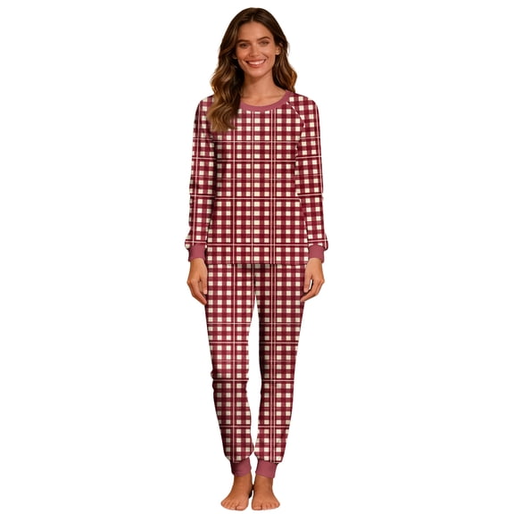 Christmas Pajamas 2 Piece Sets for Women Soft Loungewear Long Sleeve Plaid Print Tops and Pjs Bottom Pant Outfits (L, Red 10)