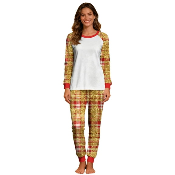 Christmas Pajamas 2 Piece Sets for Women Soft Loungewear Long Sleeve Plaid Print Tops and Pjs Bottom Pant Outfits (M, Yellow)