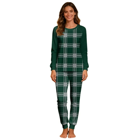 Christmas Pajamas 2 Piece Sets for Women Soft Loungewear Long Sleeve Plaid Print Tops and Pjs Bottom Pant Outfits (S, Green 07)
