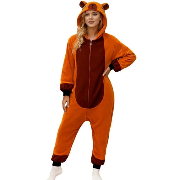 Christmas Pajamas Christmas Family Matching Adult Romper Long Sleeve Hooded Full Length Pants Animal Print Fleece Soft Sleepwear For Parents Brown M