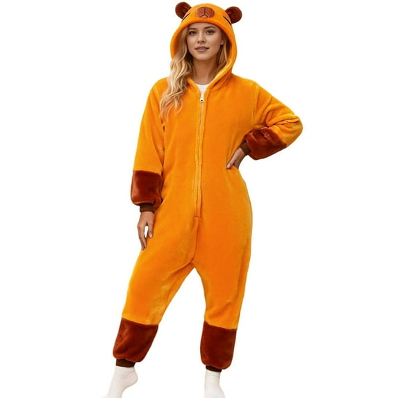 Christmas Pajamas Christmas Family Matching Adult Romper Long Sleeve Hooded Full Length Pants Animal Print Fleece Soft Sleepwear For Parents Orange M